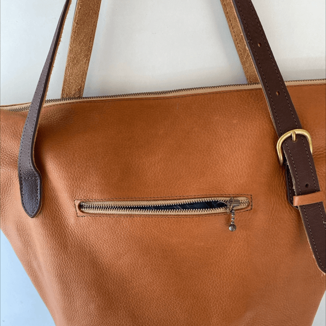 Soft tan and chocolate woven panelled oversize bag