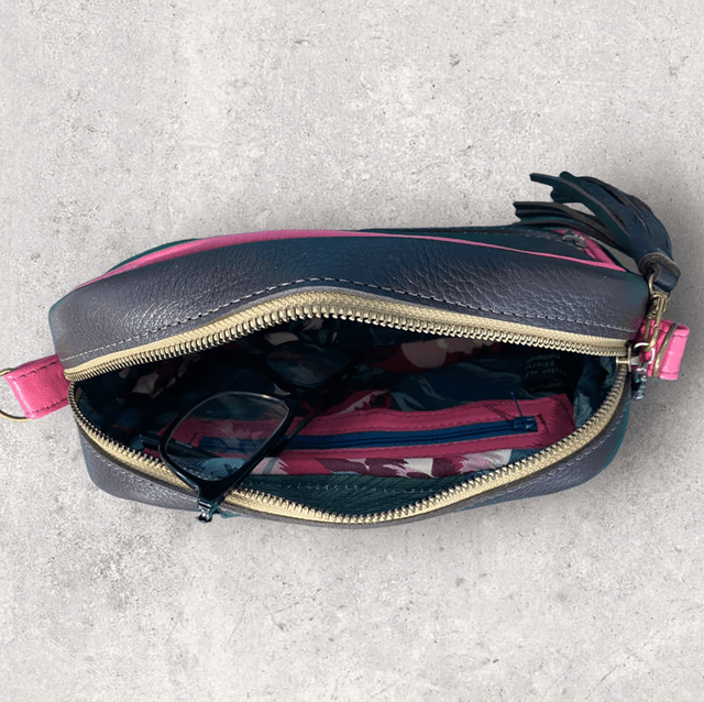 Soft brown and pink leather cross body camera style bag ‘Amelia’ 
