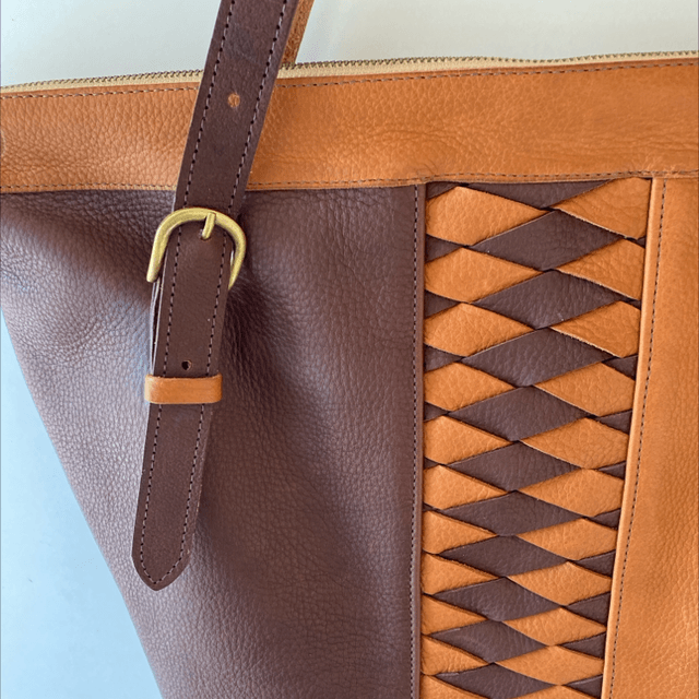 Soft tan and chocolate woven panelled oversize bag