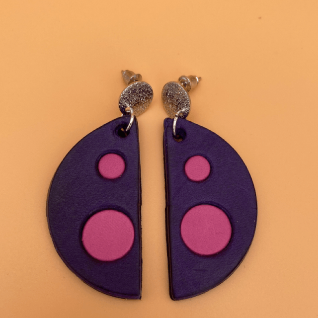 Teal spotted semi circle leather earrings 