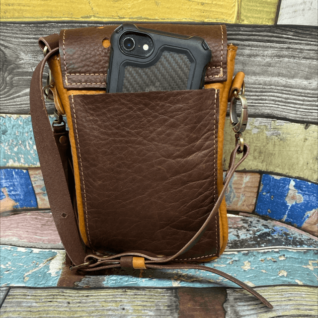 Cross body phone bag ‘Tabitha’ tan and chocolate leather