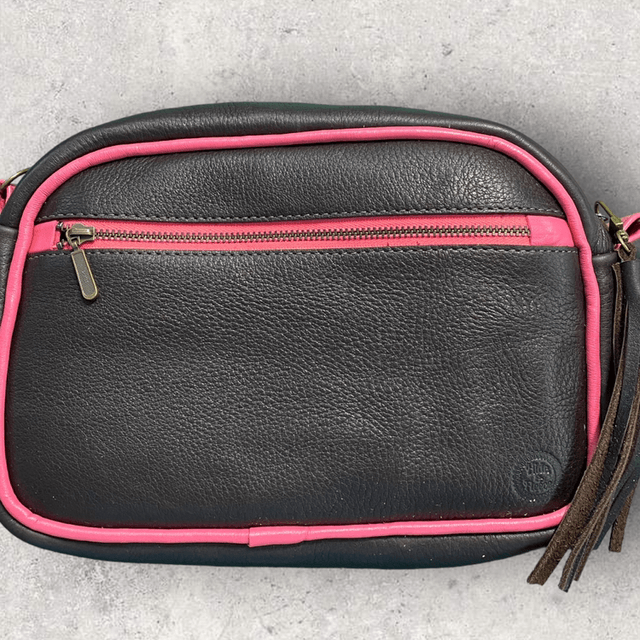 Soft brown and pink leather cross body camera style bag ‘Amelia’ 